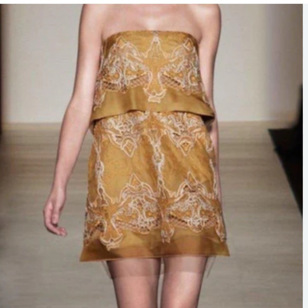 Strapless Embroidered Mini Dress in Mustard
